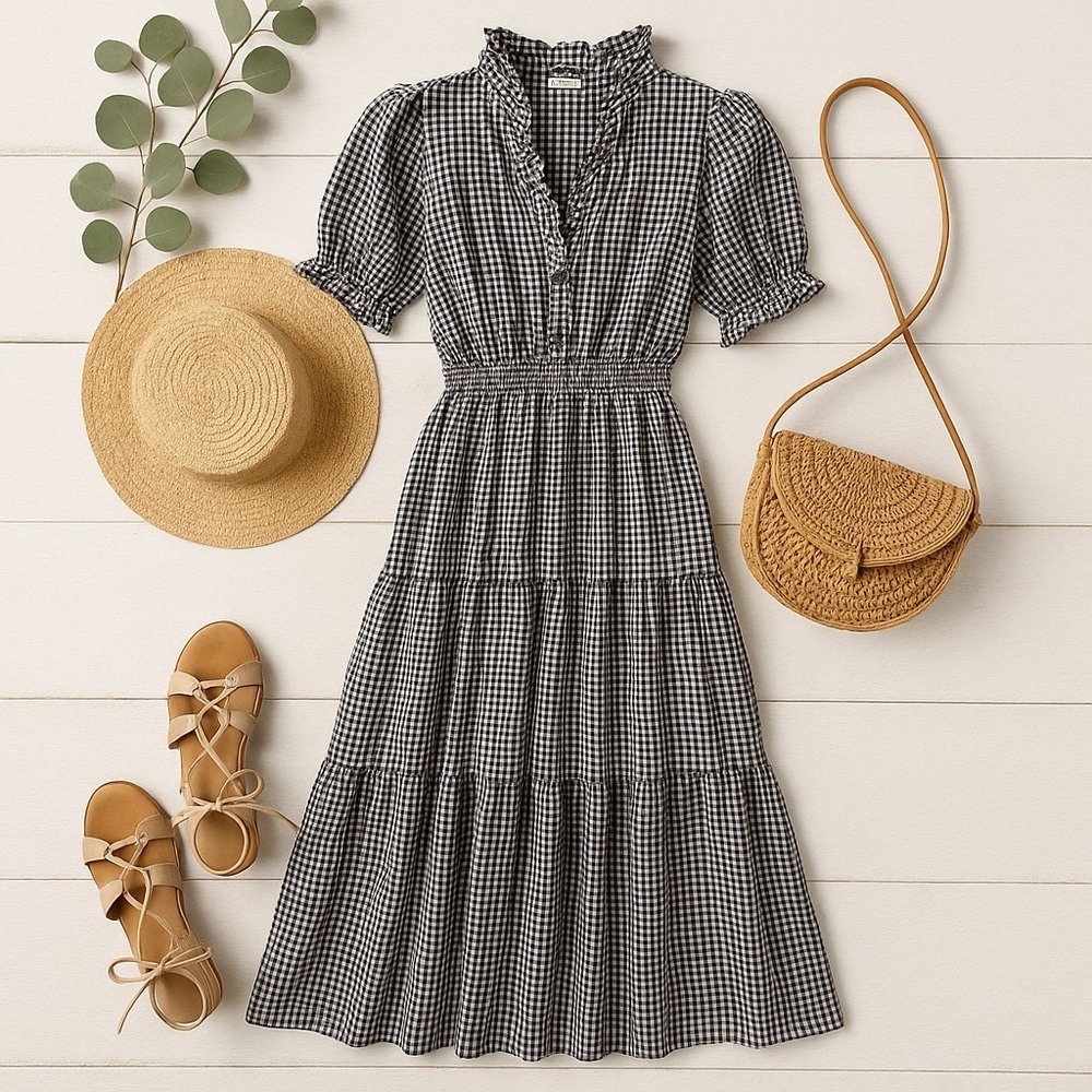 Max Studio Gingham Puff Sleeve Midi Dress | Cottagecore Prairie - Picture 3 of 12